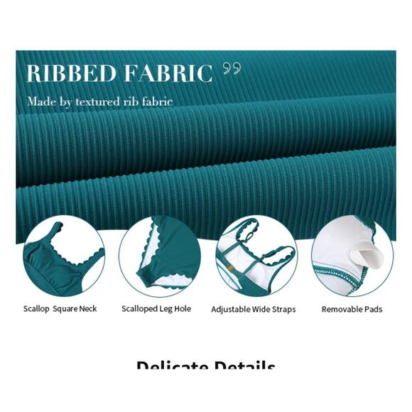 Scalloped Ribbed One Piece Swimsuit Square Neck Modest Bathing Suit Size Large - Picture 3 of 8